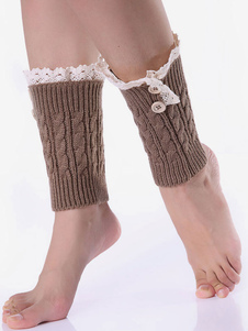 Khaki Lace Socks Knit 1 Pair Women Leg Warm Knitted Autumn Winter Windproof Cold Resist Boot Cuffs For Yoga