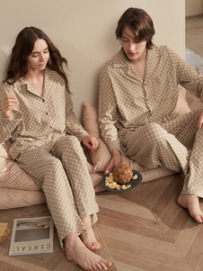 Home Wear 2-Piece Turndown Collar Long Sleeves Plaid Women WInter Warm Loungewear