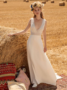 Свадебное платье Boho цвета слоновой кости, кружевное платье трапециевидной формы с шлейфом, без рукавов, без рукавов, с v-образным вырезом, свадебные платья, бесплатная настройка