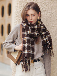 Bufanda de mujer Charming Plaid Fringe Poliéster Fibra Invierno Cálido Bufandas largas