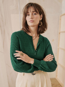 Pull Femme Chandails Vert Foncé Boutons Col Rond Manches Longues Pulls En Laine