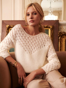 Jerséis para mujer Suéteres de lana de manga larga con cuello joya recortada blanca