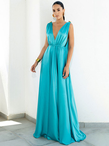 Vestidos de fiesta de cumpleaños Azul cielo claro con cuello en V Detalles de metal Sin mangas Sin espalda Vestido semiformal