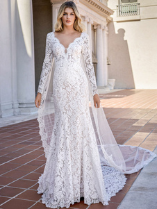 Simple Wedding Dress 2023 Lace V-Neck Long Sleeves Lace Mermaid Bridal Dresses Free Customization