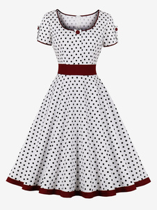 Vintage Kleid der 1950er Jahre Audrey Hepburn Style Dark Navy Polka Dot Damen Rockabilly Kleid mit kurzen Ärmeln