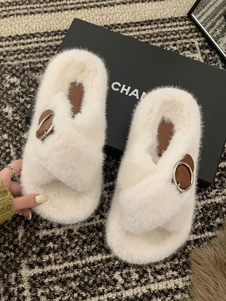 Women's Buckle Peep Toe Fur Slide Sandals Flat Ecru White