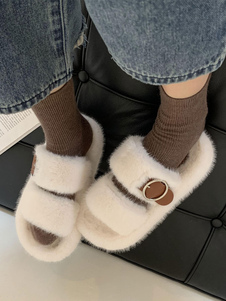 Women's Buckle Peep Toe Fur Slide Sandals Flat Ecru White