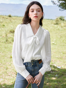 Blusa feminina branca com gola virada para baixo casual mangas compridas blusas de poliéster