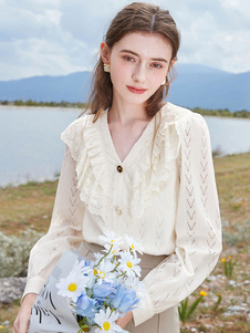 Bluse für Damen Ecru Weiß V-Ausschnitt Casual Langarm Polyester Tops