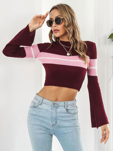 Women Pullover Sweater Burgundy Stripes Jewel Neck Long Sleeves Acrylic Sweaters