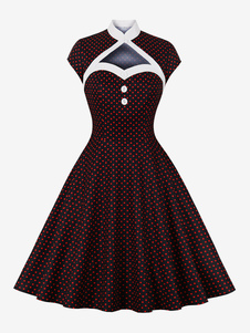 Retro-Kleid der 1950er Jahre Audrey Hepburn Style Black Polka Dot Damenknöpfe mit kurzen Ärmeln Swing-Kleid