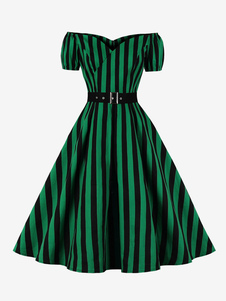 Retro-Kleid der 1950er Jahre Audrey Hepburn-Stil V-Ausschnitt, offene Schulter, kurze Ärmel, knielanges, gestreiftes Swing-Kleid für Damen