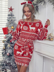 Partykleider rot geschnürt mit langen Ärmeln Weihnachtsmuster halbformelles Kleid