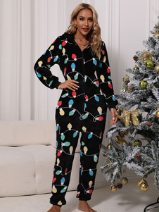 Home Wear Hooded Long Sleeves Christmas Pattern Flannel Loungewear