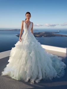 Princess Wedding Dress Silhouette V-Ausschnitt ärmellose erhöhte Taille mit Schleppe Brautkleider Kostenlose Anpassung