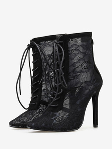 Women's Wedding Shoes Lace Black Pointed Toe Rhinestones Stiletto Heel Bridal Shoes