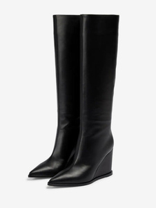 Black Knee High Boots Cowhide Pointed Toe Wedge Heel Knee Length Boots