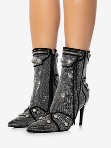 Women's Ankle Boots Black Rhinestones Pointed Toe Metal Detail Stiletto Heel Booties