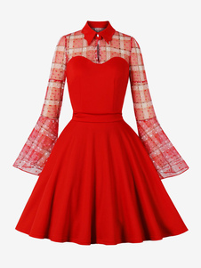 Vintage Kleid 1950er Jahre Audrey Hepburn Stil rot zweifarbige Frau lange Ärmel Swing-Kleid