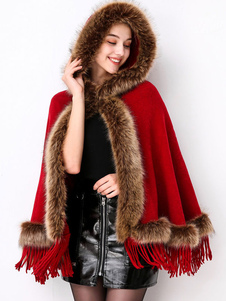 Poncho navideño para mujer, capa con flecos y capucha, ropa de abrigo de invierno 2023