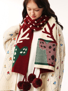 Woman's Scarf Fashion Christmas Pattern Pom Poms Winter Warm Acc