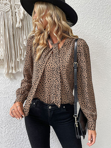 Blouse For Women Khaki Leopard Print Lace Up Designed Neckline Sexy Long Sleeves Tops