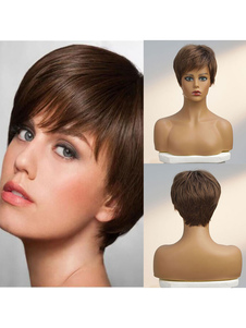 Echthaar-Perücken, tiefbraunes, glattes, gemischtes Haar, das das Haar hervorhebt, kurze Unisex-Frauen-Kurzperücke
