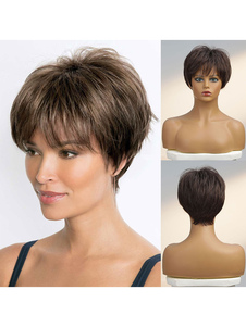 Human Hair Wigs Deep Brown Straight Mixed-hair Highlighting Hair Short Unisex Wig For Women