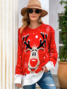 Jersey de mujer Suéter Rojo 2023 Navidad Knit Elk Tops