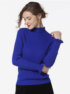 Women Pullover Sweater Blue High Collar Long Sleeves Sweaters