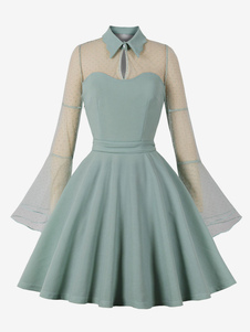 Retro Kleid der 1950er Jahre Audrey Hepburn Stil hellgrün gepunktet Damen Rockabilly Kleid mit langen Ärmeln
