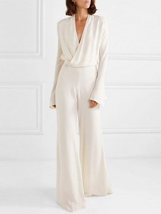 Braut Jumpsuit elfenbeinfarbe Hochzeit V-Ausschnitt Brautkleider bodenlang Jumpsuits Langarm Hosenanzug Braut