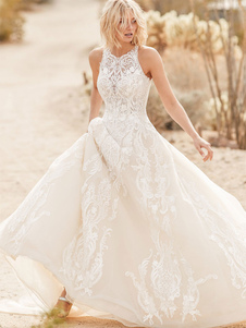 Vestido de Noiva Boho Renda Linha A Com Trem Marfim Vestido de Noiva Botões Funcionais Sem Manga Vestidos de Noiva com Decote Joia