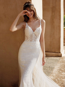 Vestido de novia con tren sin mangas de encaje con cuello en V vestidos de novia