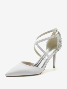 Zapatos de boda para mujer Satén Marfil Punta estrecha Pedrería Tacón de aguja Zapatos de novia