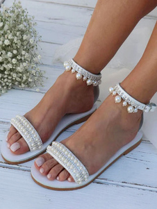 Boho Wedding Shoes PU Leather Round Toe Pearls Bridal Flats