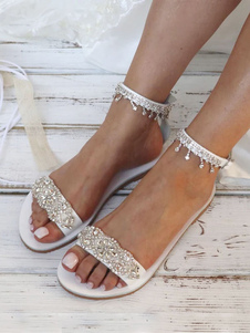 Zapatos de novia boho Cuero de PU Punta redonda Diamantes de imitación Pisos de novia