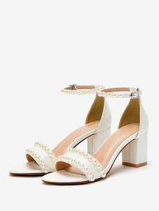 Sapatos de casamento branco salto alto pérola tira no tornozelo sandálias de noiva