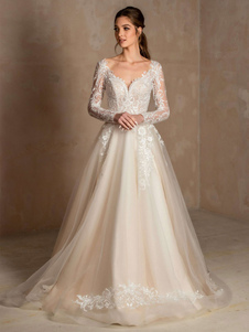 Простое свадебное платье 2023 Кружева V-образным вырезом с длинными рукавами Кружева A-Line Свадебные платья Бесплатная настройка