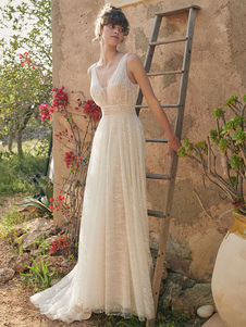 Vestido de novia bohemio marfil 2023 encaje A-Line con cola sin espalda sin mangas con cuello en V vestidos de novia