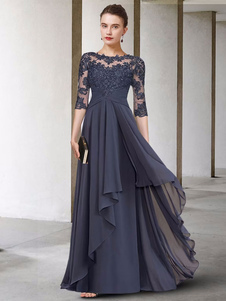 Mother Dress Jewel Neck Half Sleeves A-Linie Spitze Bodenlang Gastkleider für die Hochzeit Kostenlose Anpassung
