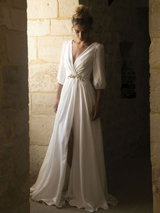 トレインAラインの白いウェディングドレス床の長さ3/4の長さの袖プリーツVネックのブライダルドレス