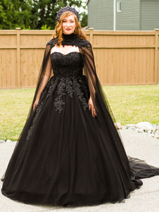 Gothic Black Wedding Dresses A-Line Sleeveless Backless Lace-Up With Train Lace Bridal Dress Free Customization
