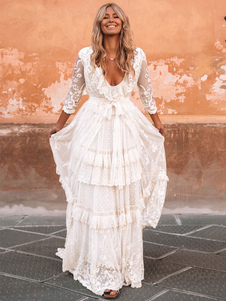 Boho Wedding Dress Suit 2023 V Neck Floor Length Lace Multilayer Bridal Gown Dress And Outfit