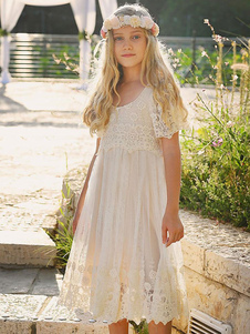 Ivory Flower Girl Dresses Jewel Neck Short Sleeves Lace Formal Kids Pageant Dresses Free Customization