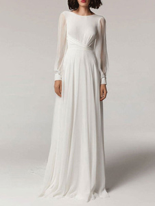 Simple Wedding Dress Chiffon Jewel Neck Long Sleeves Pleated A-Line Bridal Gowns Free Customization