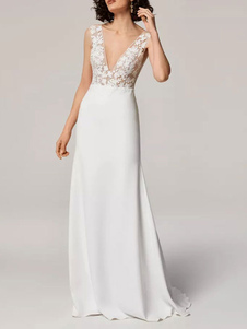 Simple Wedding Dress A-Line V-Neck Sleeveless Lace Bridal Gowns Free Customization