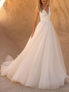 Vintage Wedding Dress V-Neck Sleeveless With Train Bridal Gowns