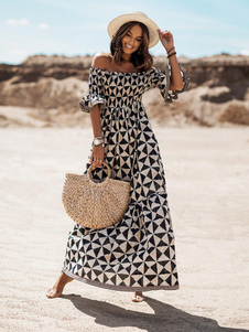Vestido boho sin tirantes media manga vestido de playa