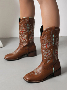 Botas de media pantorrilla Botas de vaquero de punta redonda de cuero de PU Zapatos de boda de vaquera